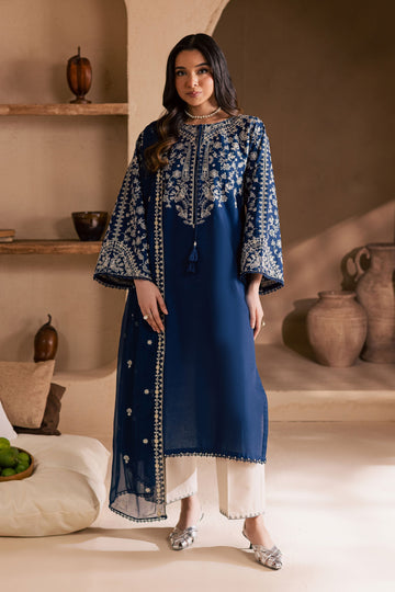 Elegant Blue Embroidered Khaddar 3-Piece Dress with Soft Pashmina Dupatta