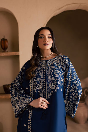 Elegant Blue Embroidered Khaddar 3-Piece Dress with Soft Pashmina Dupatta