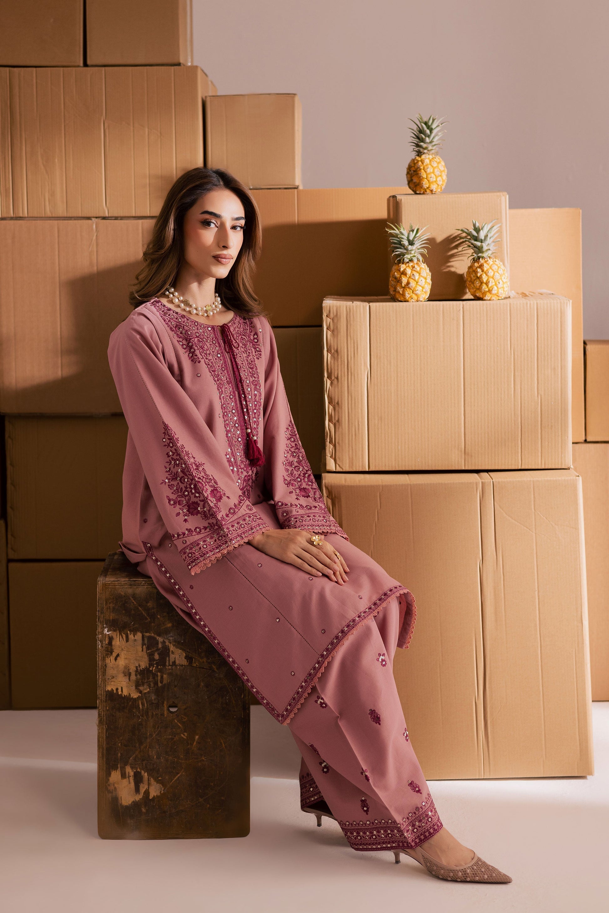 Charming Roop 2-Piece Tea Pink Embroidered Khaddar Dress | Winter Pret Collection