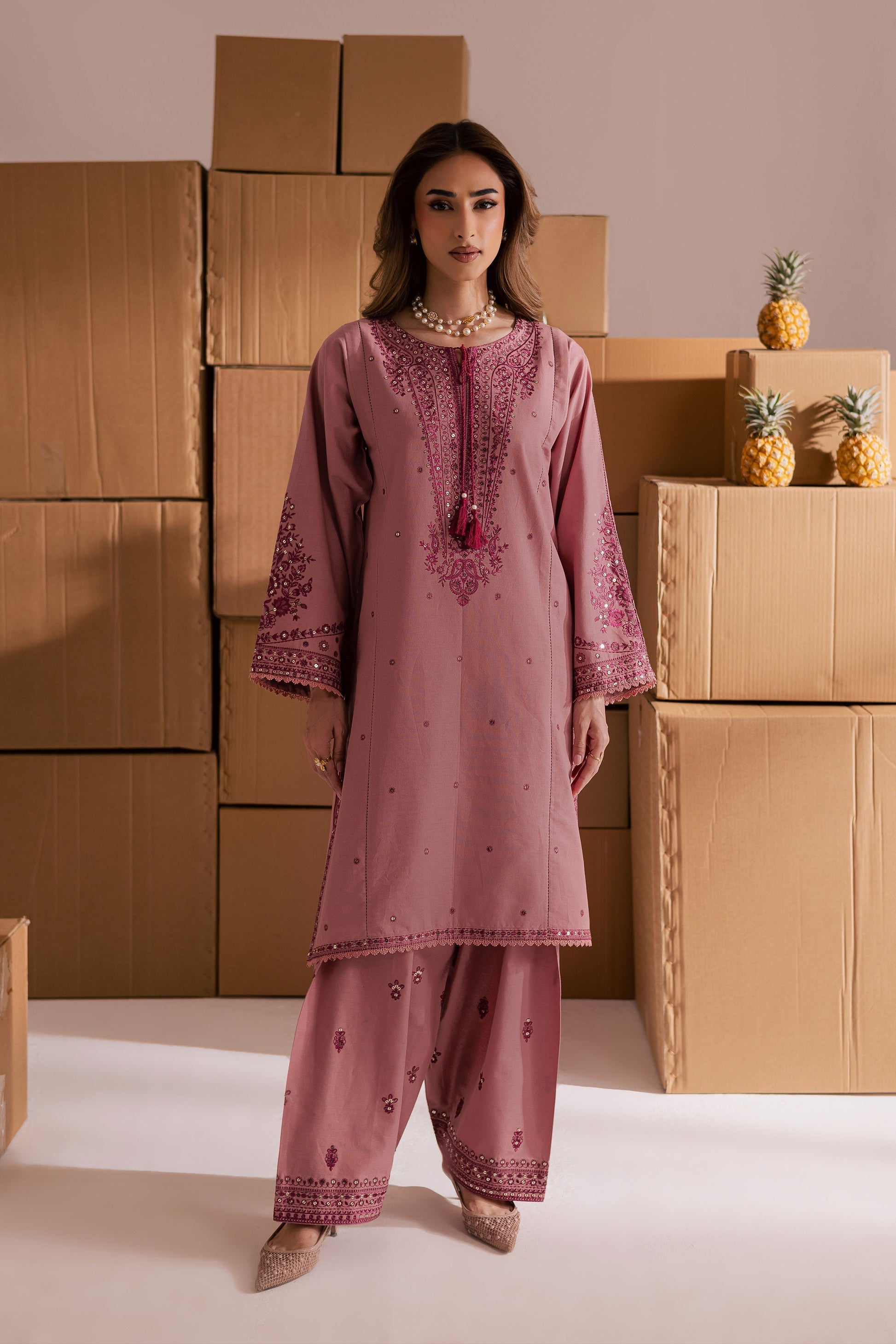Charming Roop 2-Piece Tea Pink Embroidered Khaddar Dress | Winter Pret Collection