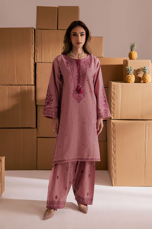 Charming Roop 2-Piece Tea Pink Embroidered Khaddar Dress | Winter Pret Collection