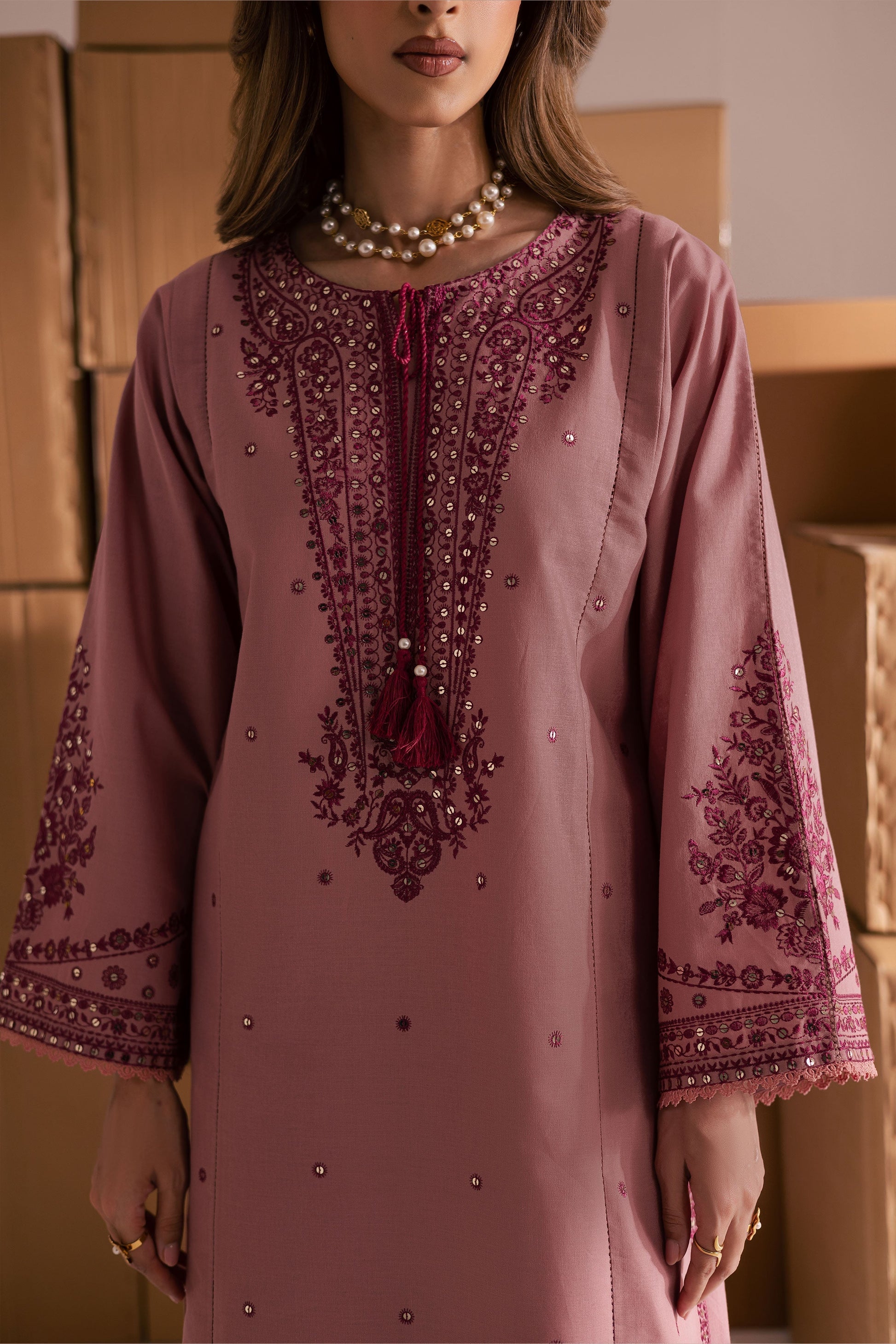 Charming Roop 2-Piece Tea Pink Embroidered Khaddar Dress | Winter Pret Collection