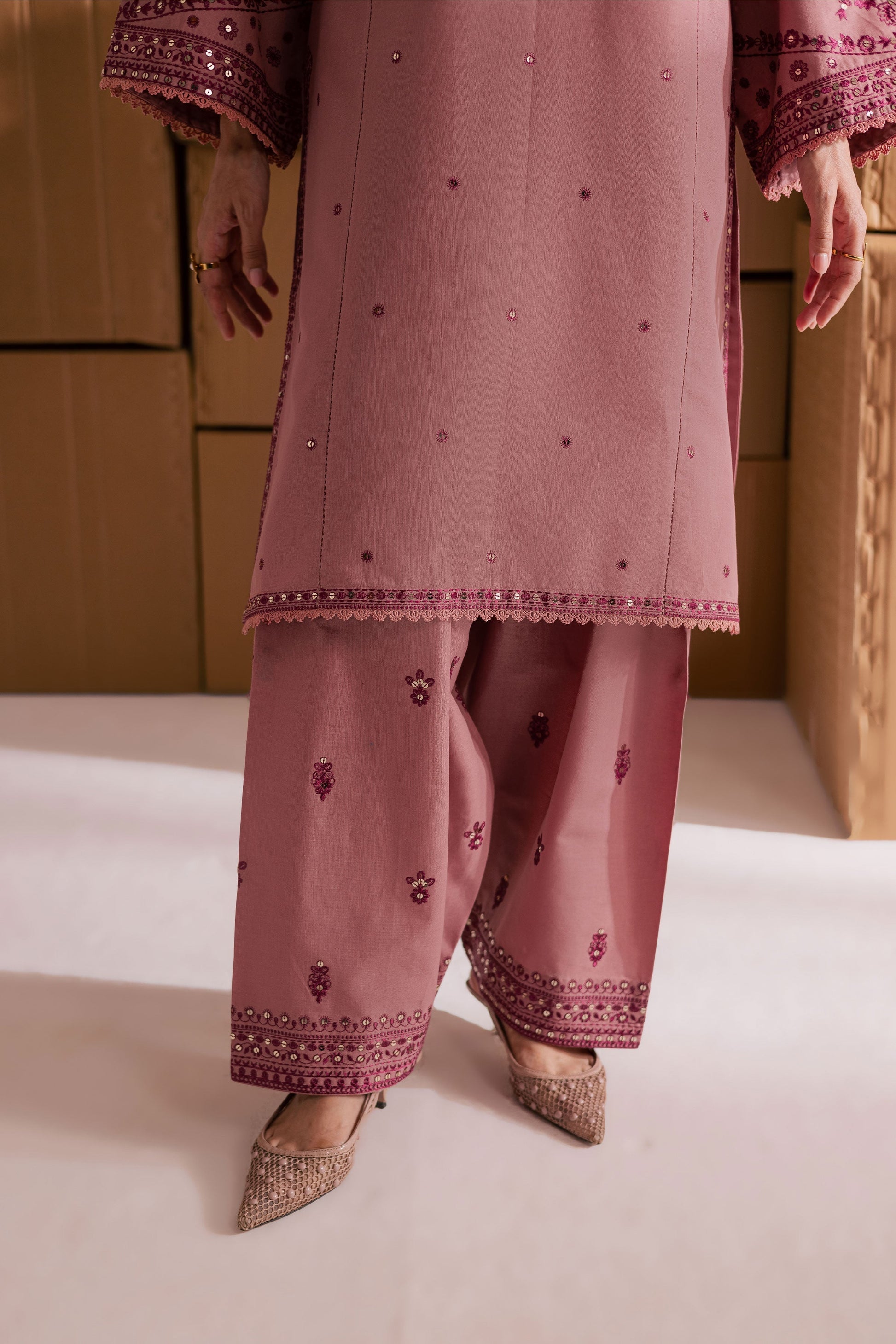 Charming Roop 2-Piece Tea Pink Embroidered Khaddar Dress | Winter Pret Collection