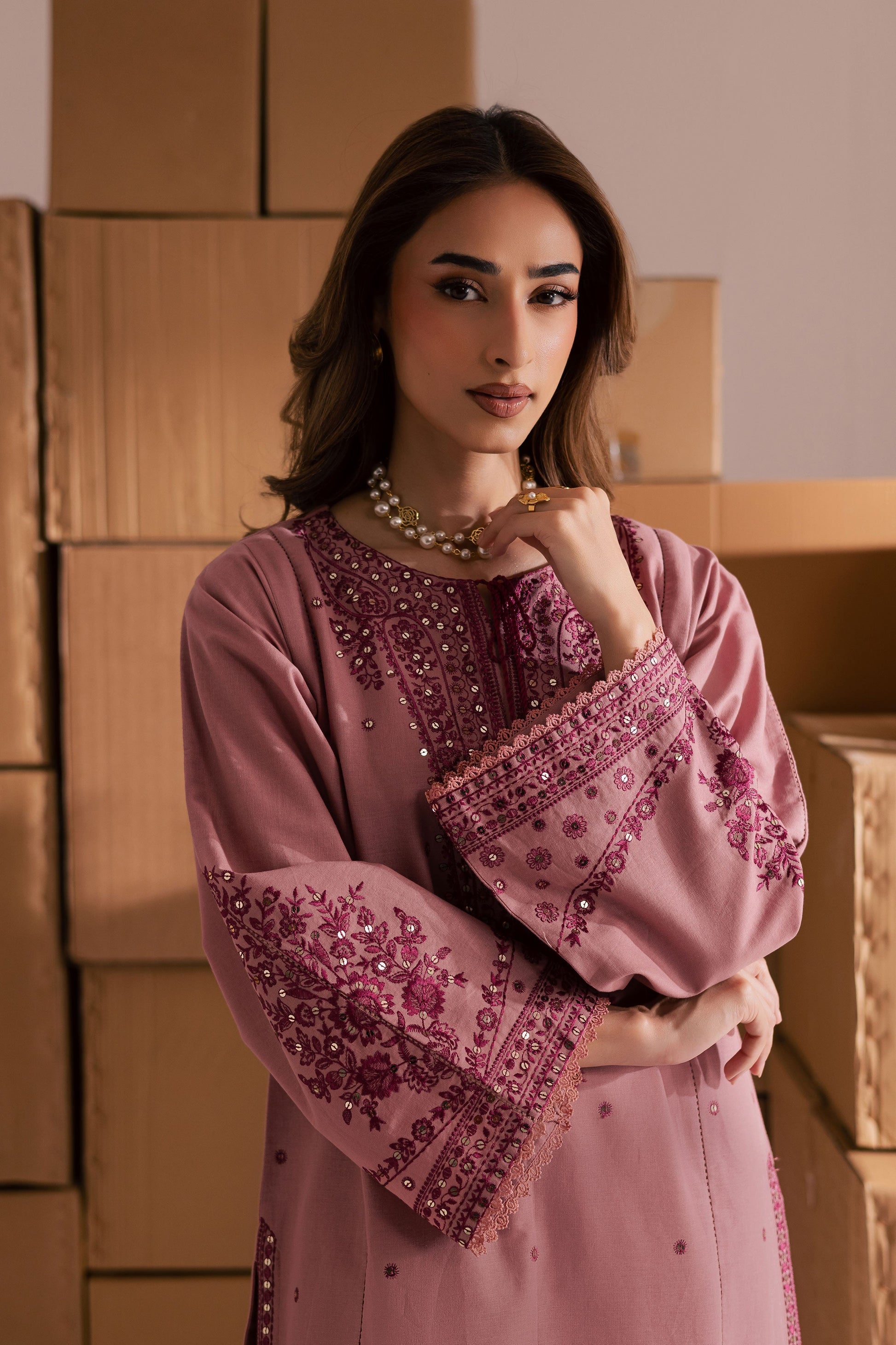 Charming Roop 2-Piece Tea Pink Embroidered Khaddar Dress | Winter Pret Collection