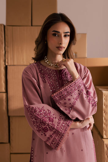 Charming Roop 2-Piece Tea Pink Embroidered Khaddar Dress | Winter Pret Collection