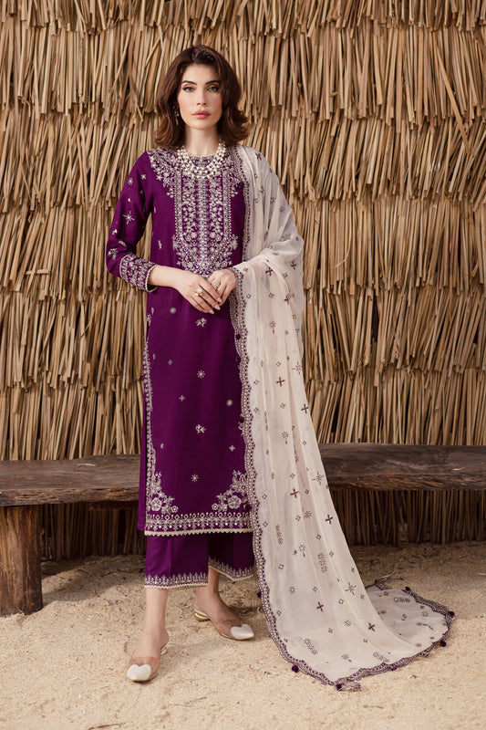 Elegant Purple Embroidered Khaddar 3-Piece Dress with Sequin Details & Culottes
